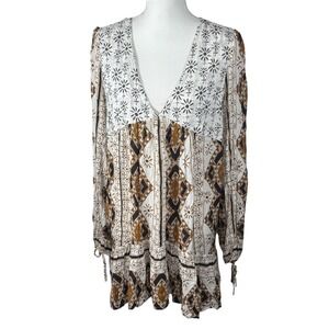 Free People Women Large White Brown Geometric Medallion Boho Mini Dress OB456201